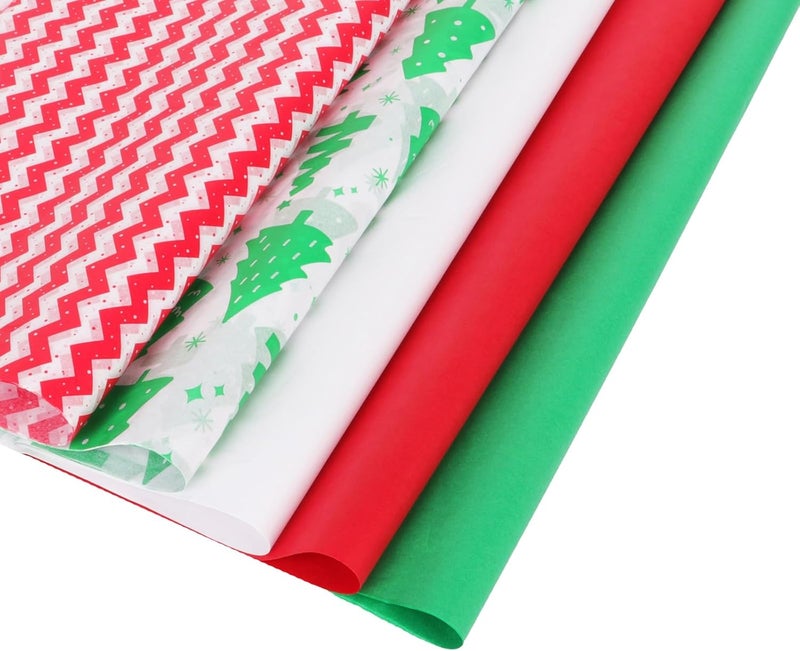Alotpower 130 Sheets Christmas Tissue Paper, Christmas Gift Wrapping Paper Sheets 19.6 x 13.7 Inch,5 Festive Designs (Red,Green,White,Stripe,Xmas Tree) for Gift Bags, Xmas Presents,DIY Crafts & Party Decoration - Image 1